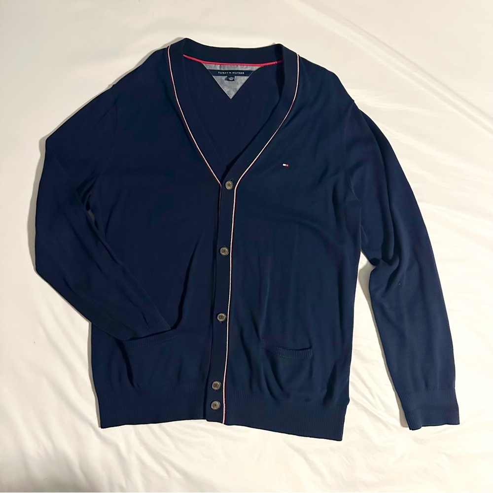 Tommy Hilfiger Navy Tipped Cardigan Sweater Men's XXL Preppy Button Front
